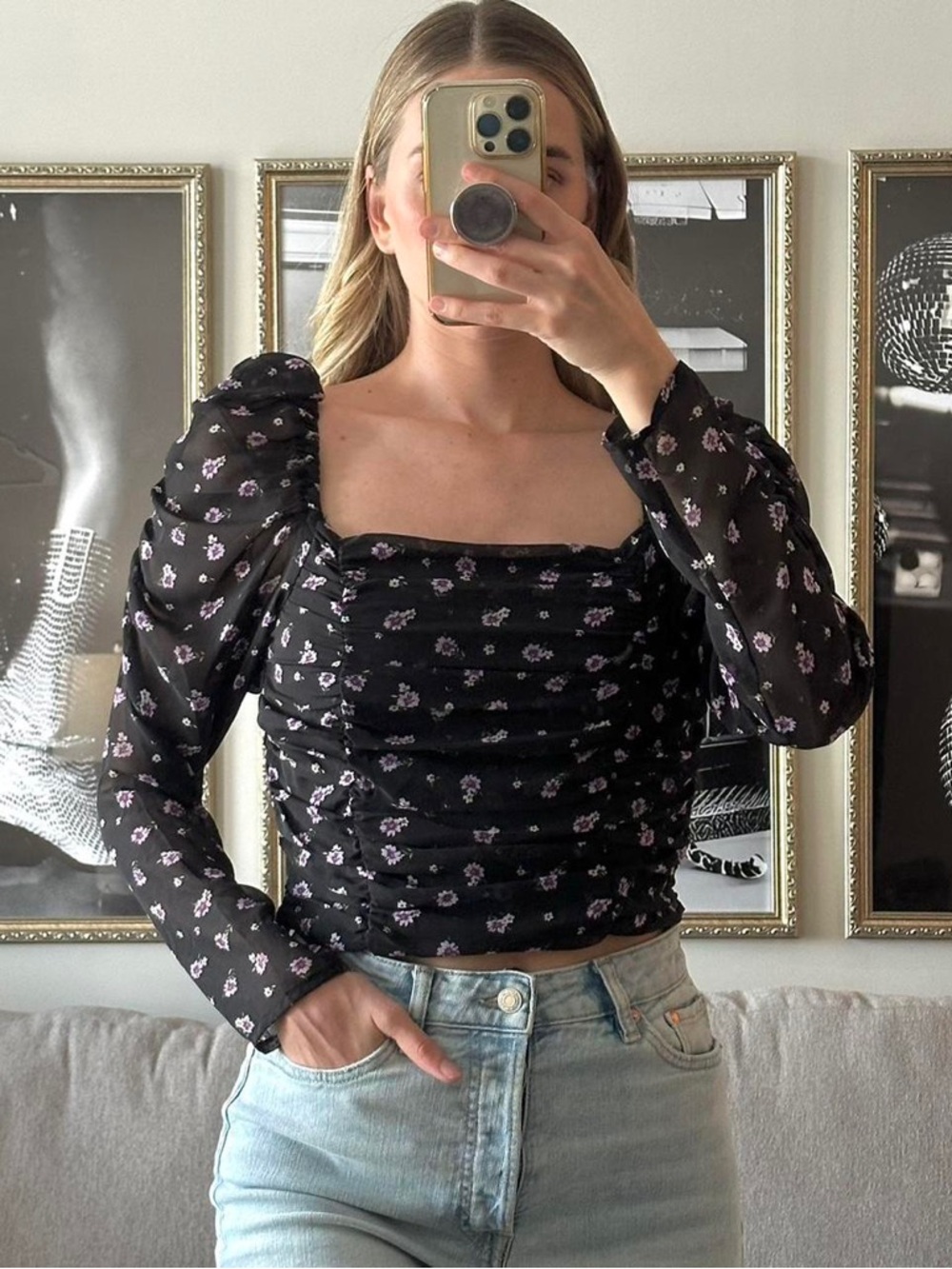 H&M Divided Black Floral Square-Neck Puff-Sleeve Top